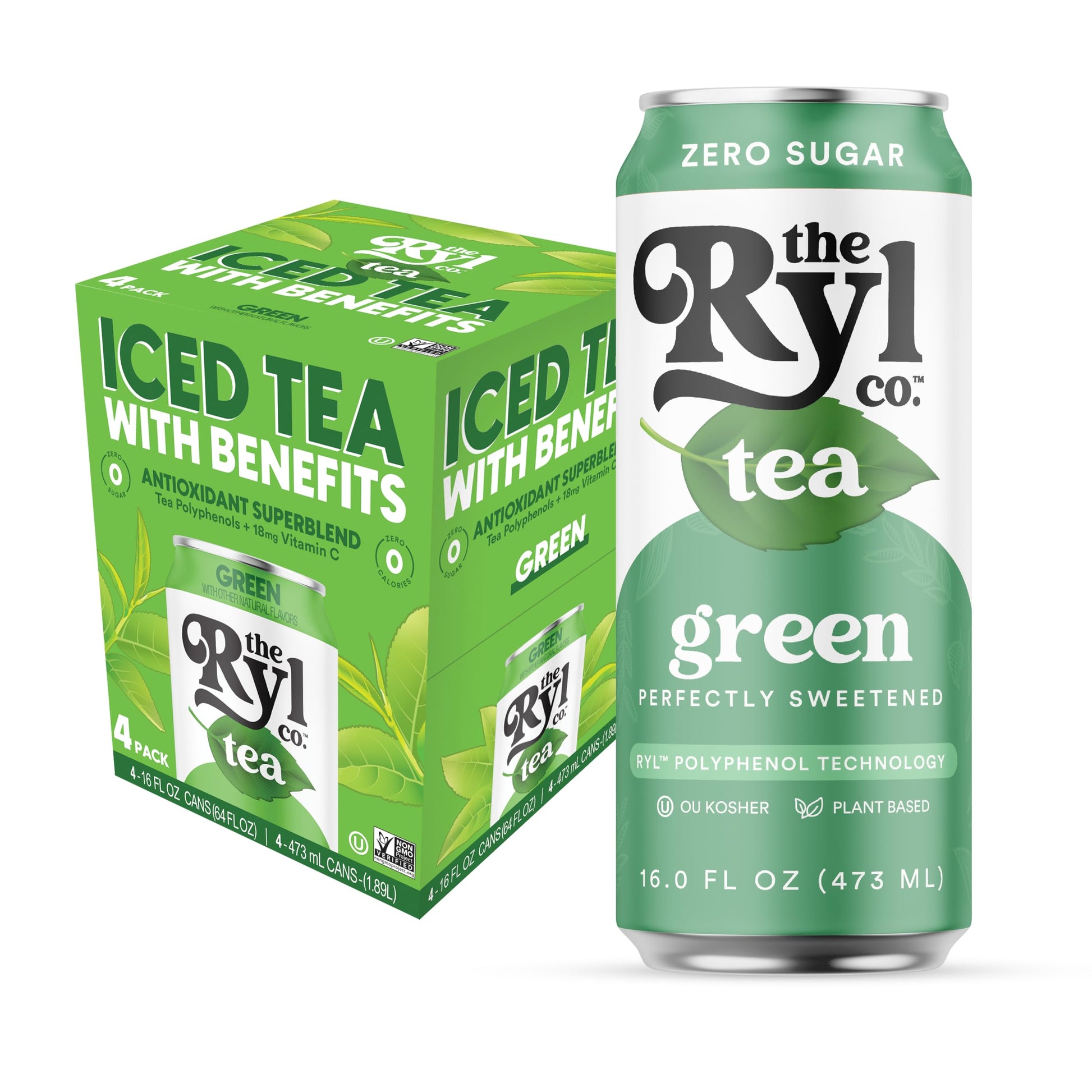 Ryl Iced Tea, Green Tea, Antioxidant Superblend, Zero Sugar, Zero Carb, Zero Calorie Iced Tea, 16.0 Fl Oz (4-Pack)