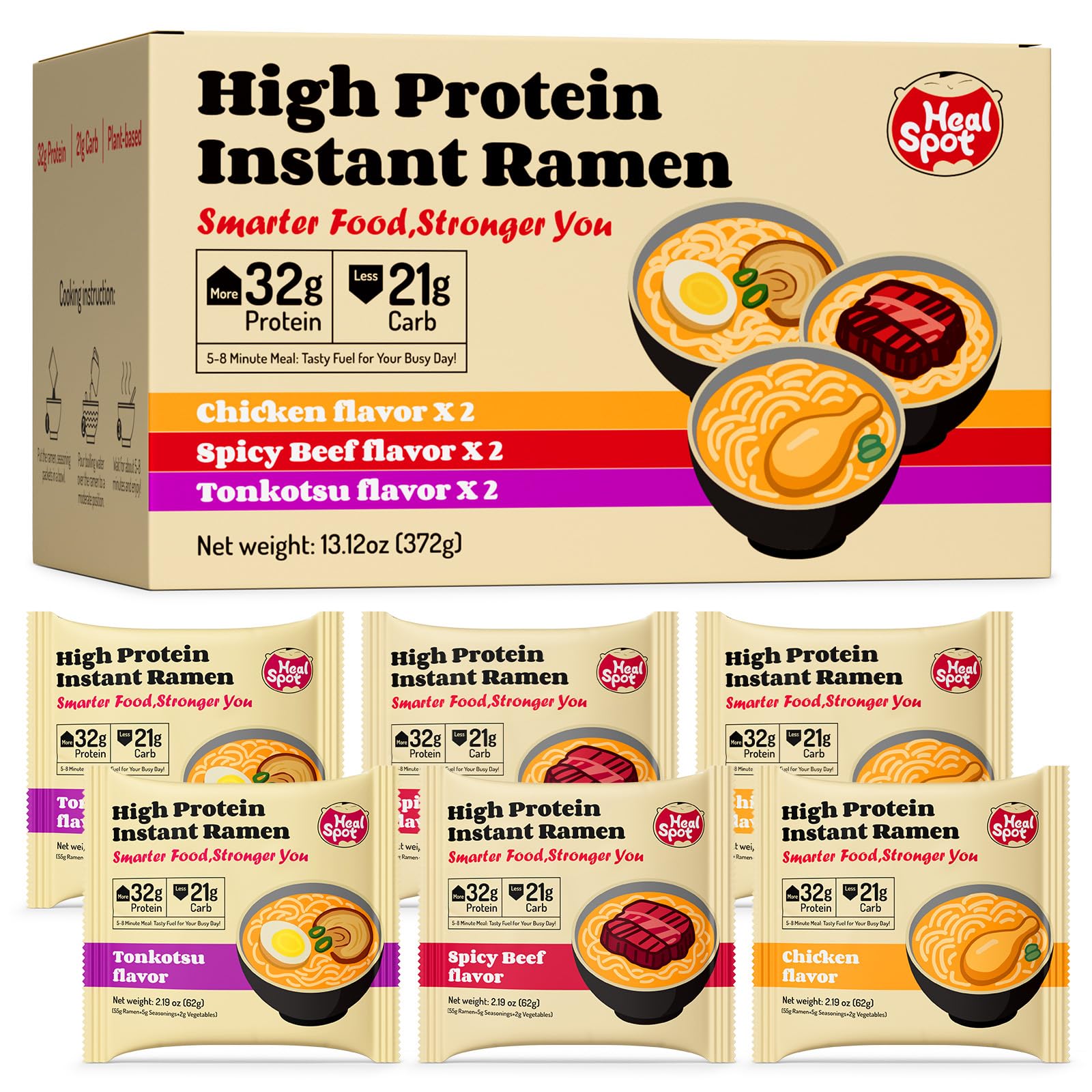 Healspot High Protein Instant Ramen Variety Pack, 6 Pack Non Fried Ramen Broth, 32g Plant Based Protein, Low Fat, Low Carb, Non 