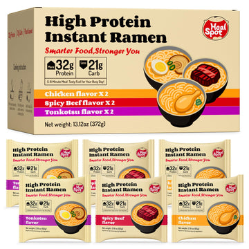 Healspot High Protein Instant Ramen Variety Pack, 6 Pack Non Fried Ramen Broth, 32g Plant Based Protein, Low Fat, Low Carb, Non 