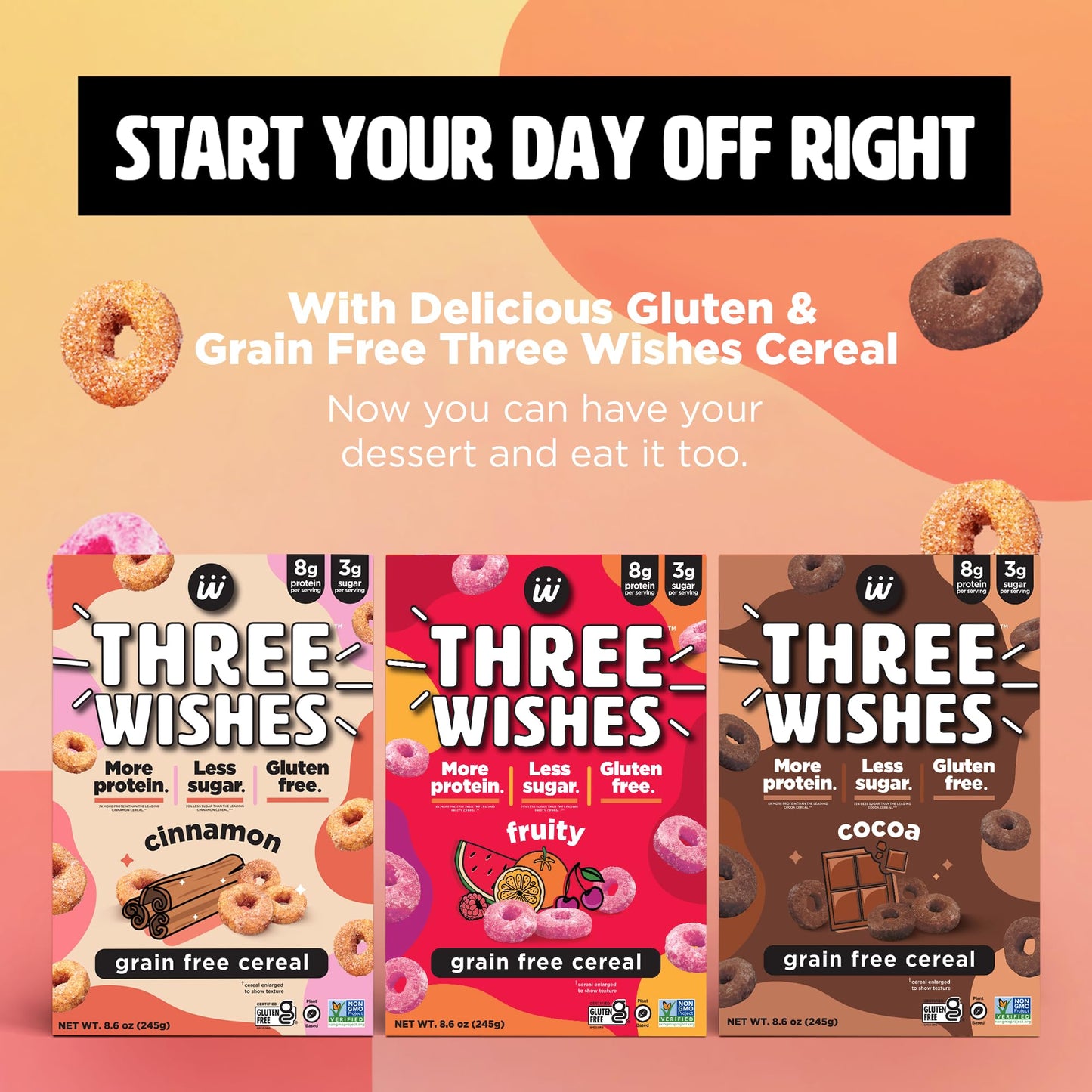 Plant-Based And Vegan Breakfast Cereal By Three Wishes - Multi-Flavor, 3 Pack - More Protein And Less Sugar Snack - Gluten-Free - Cinnamon, Cocoa And Fruity