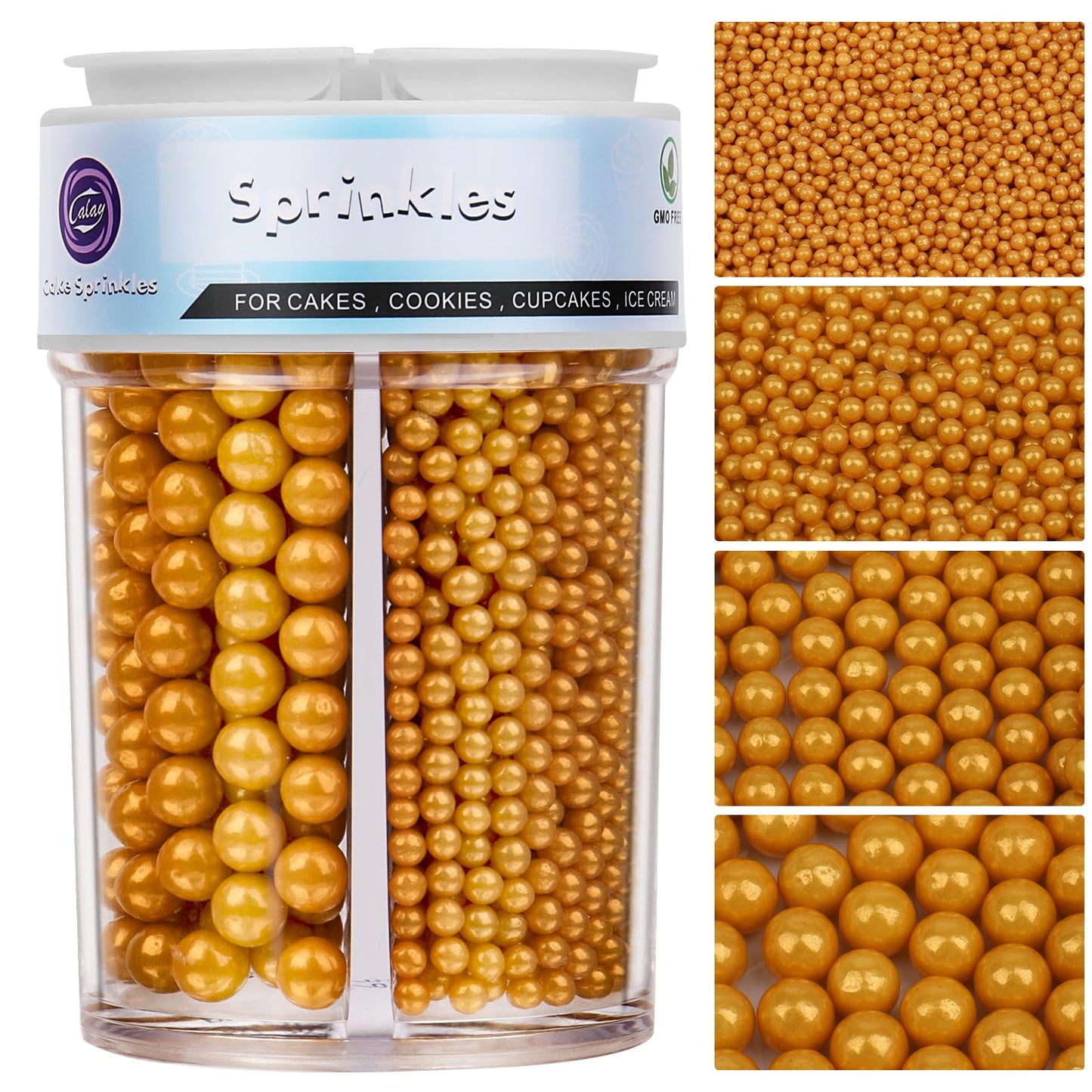 Sprinkles for Cake Decorating, Yellow Pearl Sprinkles 4 Sizes Mix for Cake Cupcake Cookie Baking Donuts Ice Cream Toppings