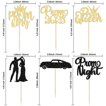 Gyufise 24Pcs Black Gold Prom Cupcake Topper Prom Decorations For Party 2025 Prom Graduation Cupcake Topper 2025 Graduation Deco