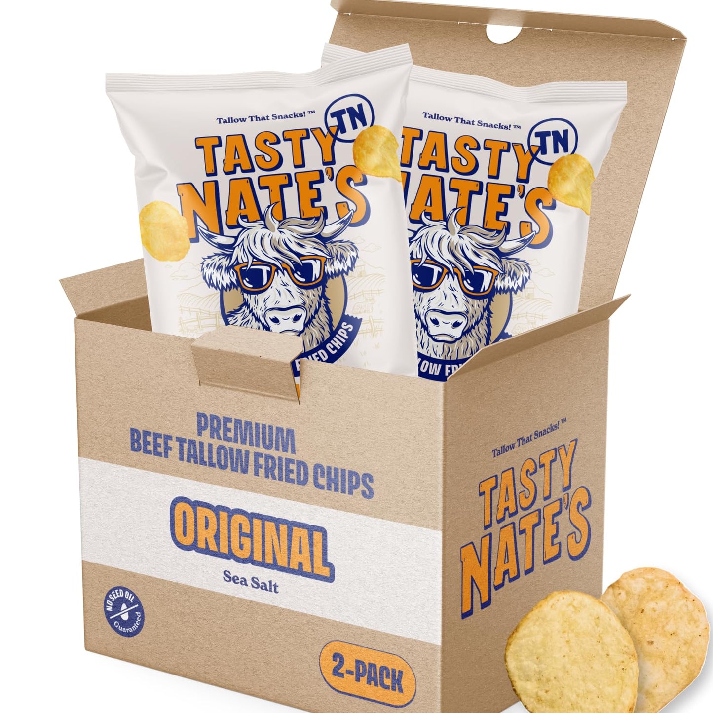 TASTY NATES Beef Tallow Potato Chips - Original Sea Salt, 7oz Pack of 2, Seed Oil Free, Paleo Snacks