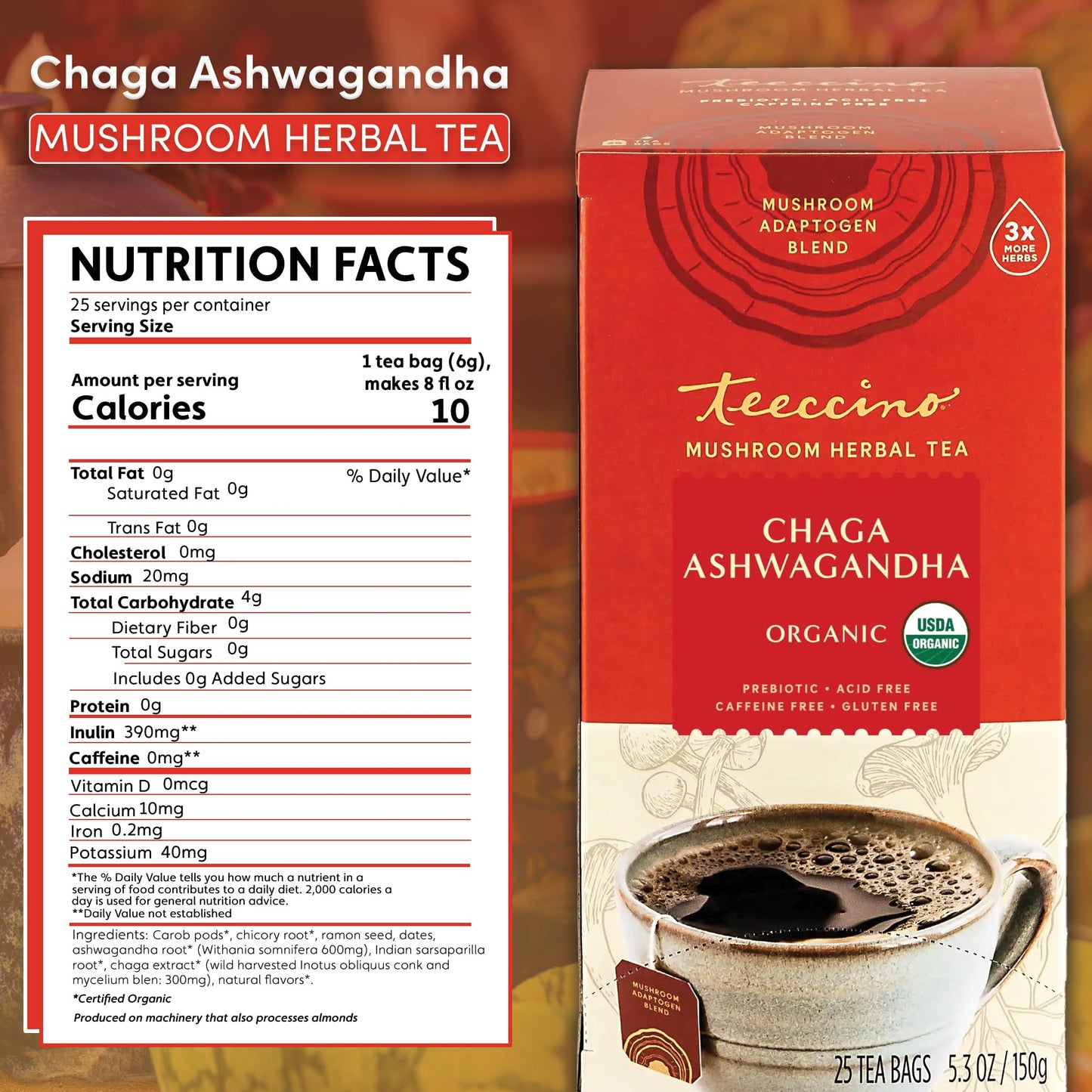 Teeccino Chaga Ashwagandha Tea - Butterscotch Cream - Organic Herbal Tea, Caffeine-Free, 25 Count, Gluten-Free