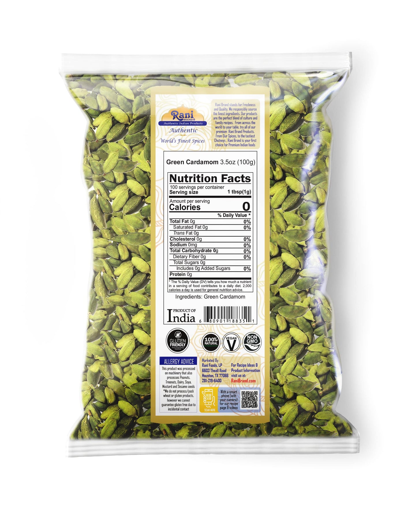 Rani Green Cardamom Pods Spice (Hari Elachi) 3.5Oz (100G) ~ All Natural | Vegan | Gluten Friendly | Non-Gmo | Product Of India