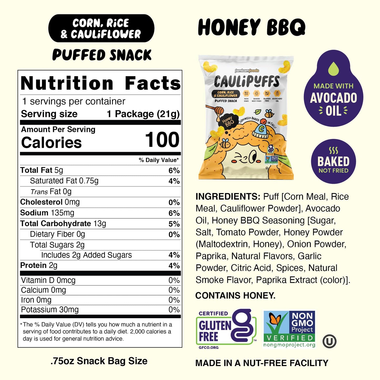 CauliPuffs - Corn, Rice, and Cauliflower Gluten Free Puffed Snack (15 X 0.75oz Bags, Honey BBQ)