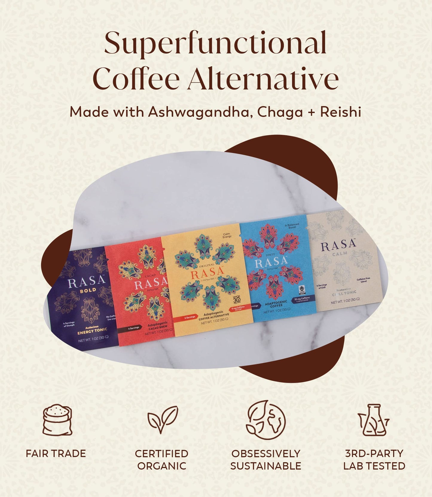 Rasa Taster Pack | Herbal Coffee Alternative With Ashwagandha, Chaga + Reishi For All-Day Energy + Focus - Organic, Adaptogens,