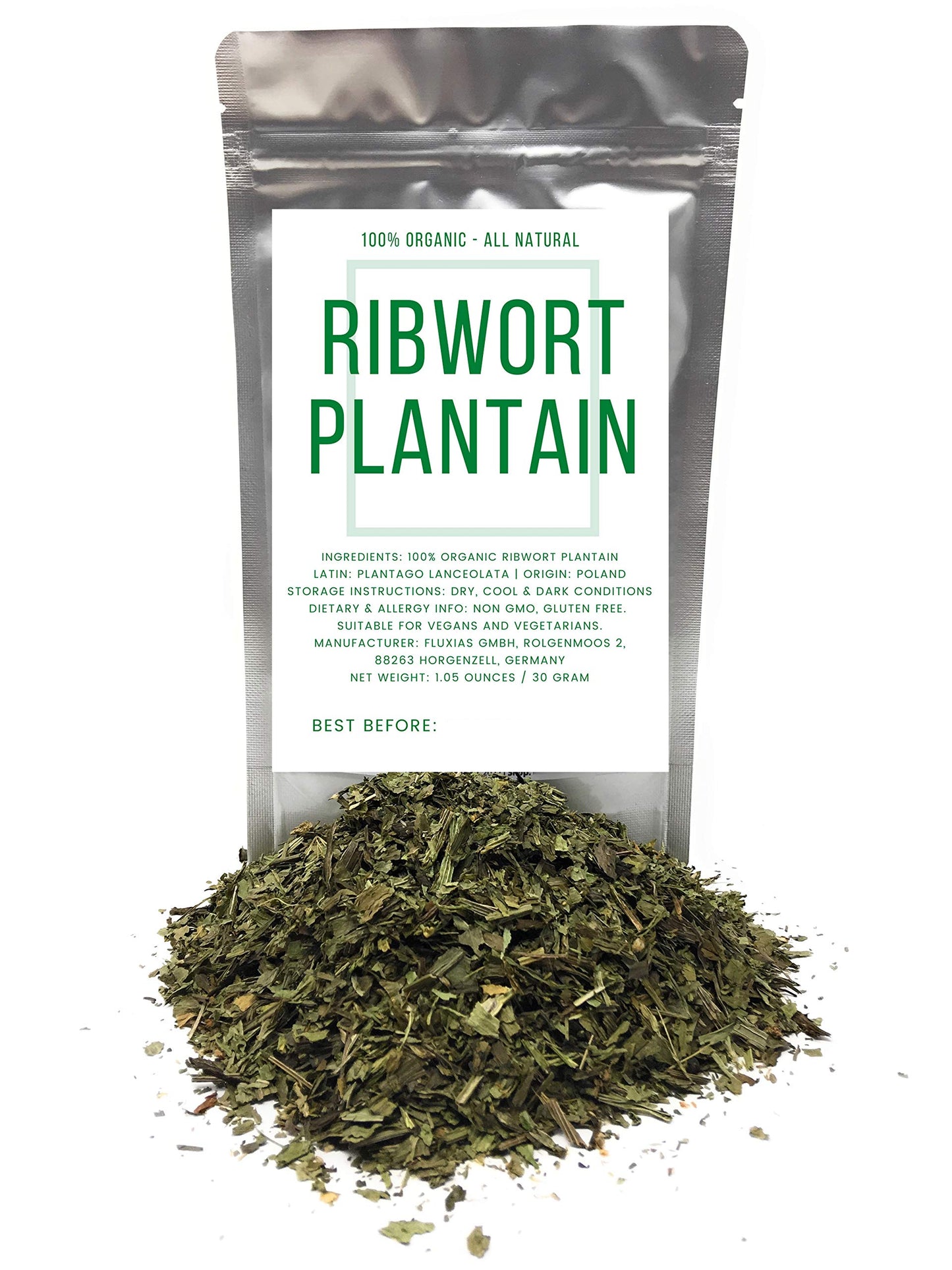 Dried Ribwort Plantain Herb - Ingredients: 100% Natural Ribwort Plantain (Plantago Lanceolata) - Net Weight: 1.05Oz / 30G