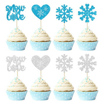 Gyufise 24Pcs Snowflake Cupcake Topper Blue Silver Glitter Winter Heart Snow In Love Cake Toppers For Winter Wonderland Wedding