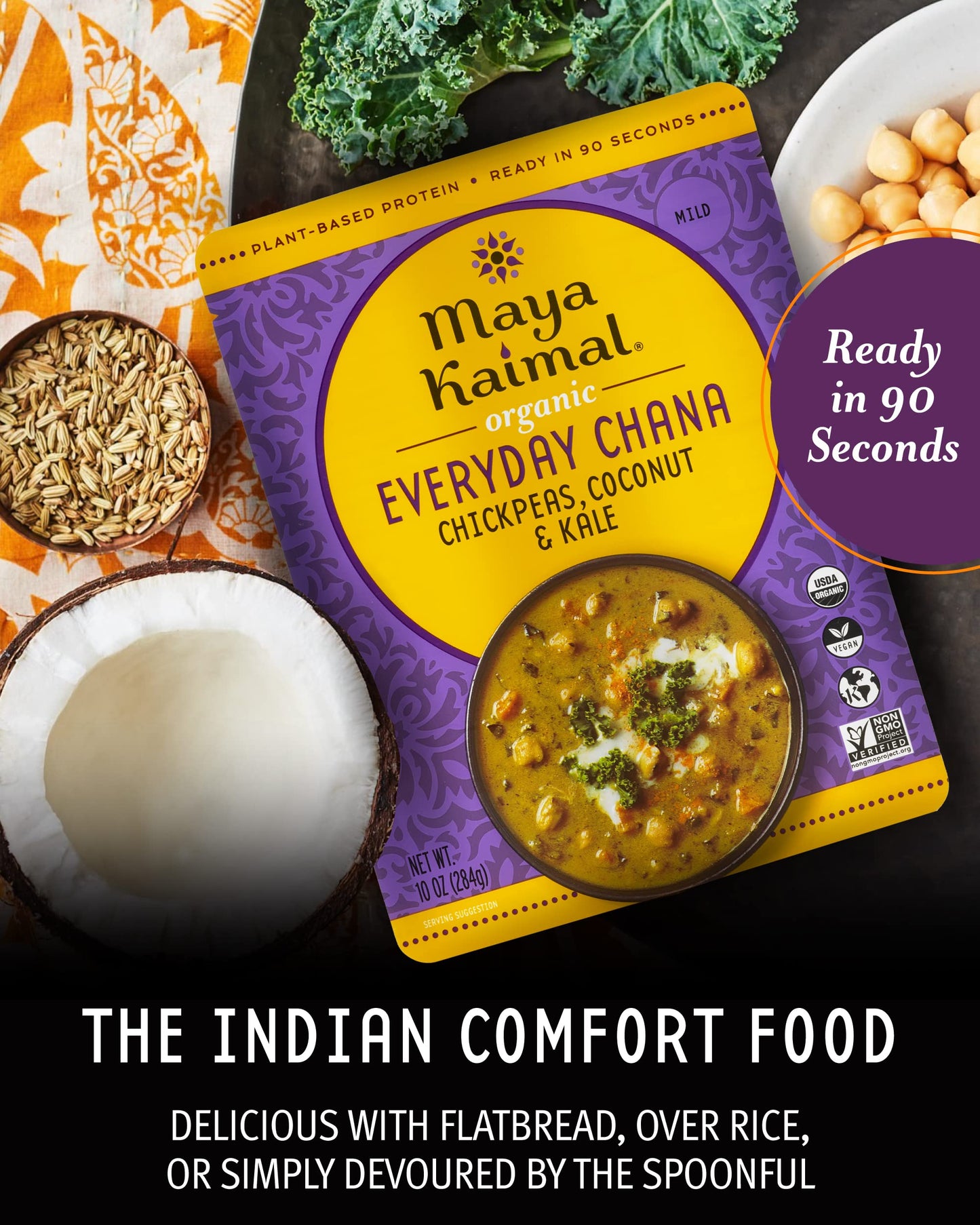 Maya Kaimal Organic Indian Everyday Chana - Fully Cooked - Vegan - Microwavable - Ready To Eat Meals (10 Ounce (Pack Of 3), Chickpeas, Coconut & Kale)