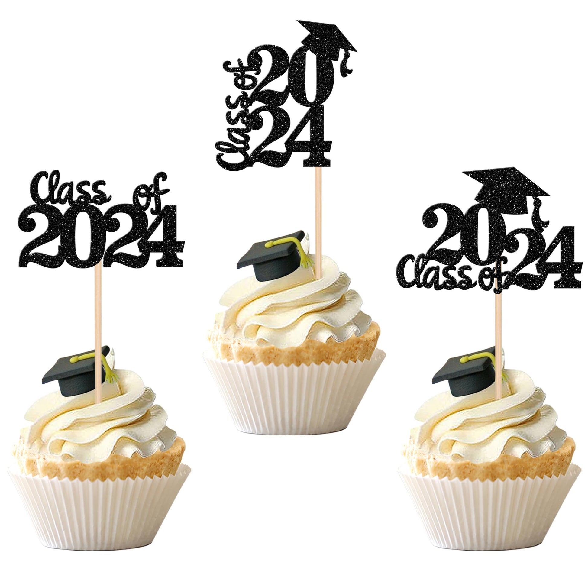 30 Pcs 2024 Graduation Cupcake Toppers Glitter Class Of 2024 Graduation Cap Cupcake Picks For 2024 Graduation Theme Party Cake D