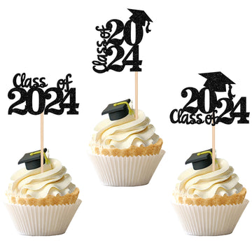 30 Pcs 2024 Graduation Cupcake Toppers Glitter Class Of 2024 Graduation Cap Cupcake Picks For 2024 Graduation Theme Party Cake D