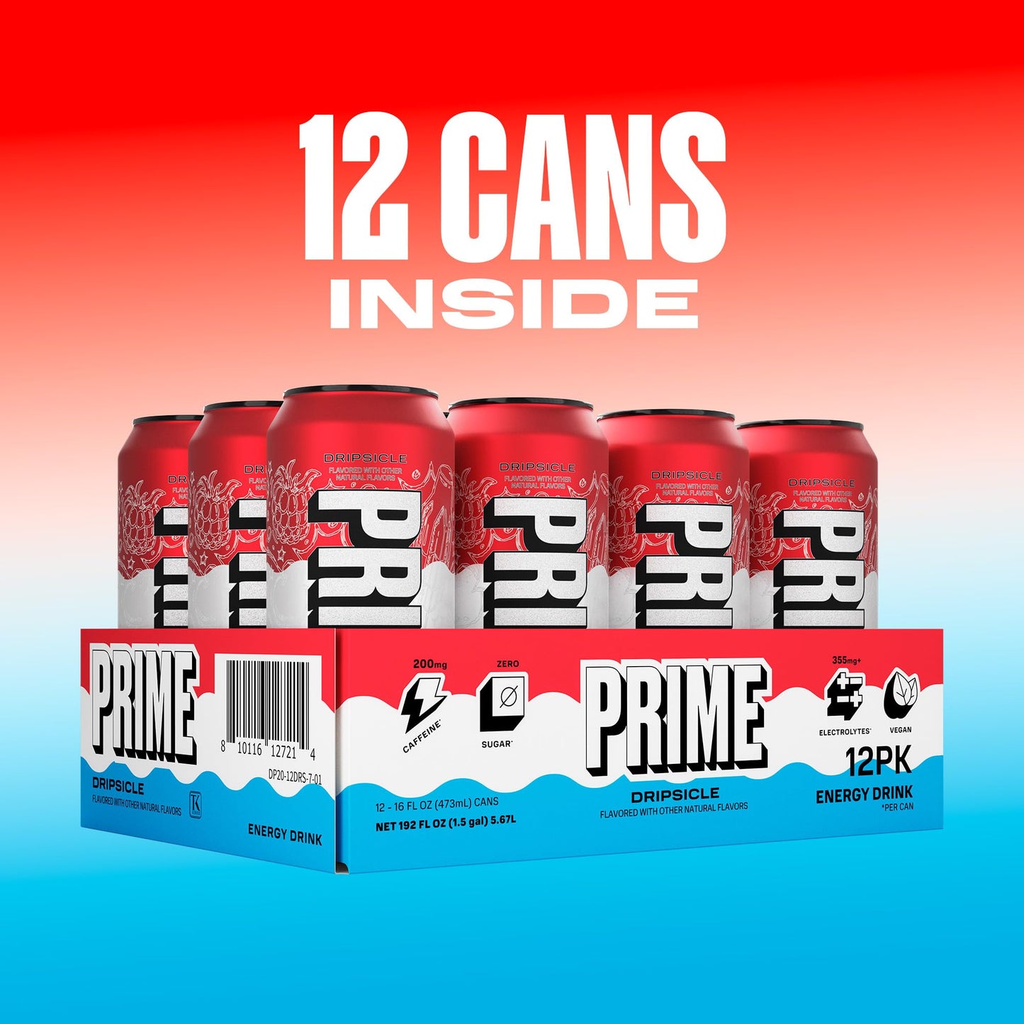 PRIME Energy DRIPSCICLE Zero Sugar Energy Drink, 200mg Caffeine, 355mg Electrolytes, 16 Oz, Pack of 12, Vegan, Gluten Free