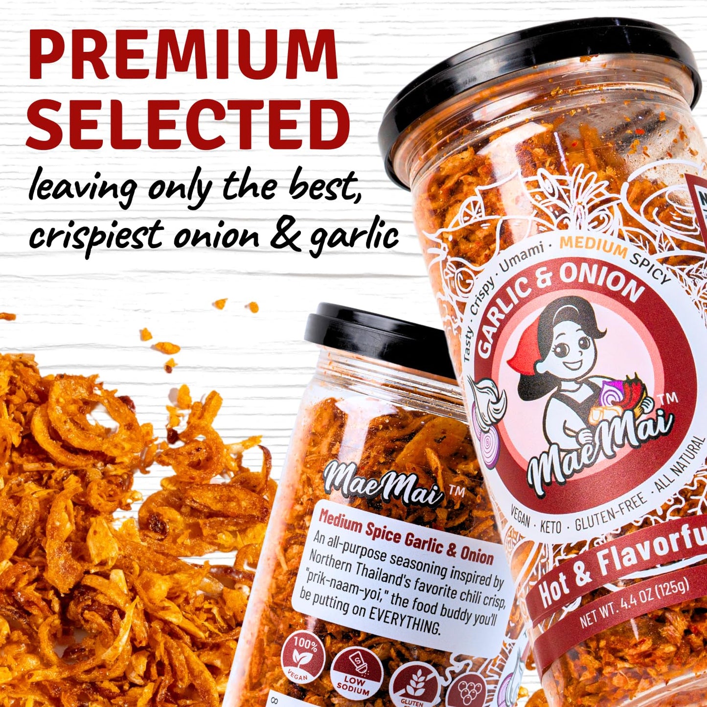 MaeMai Chili Crisp (MEDIUM HOT Spice) - Non-Oily Chili Crisp Topper  Rice Seasoning  Ramen Topper  Furikake  Umami Onion & Garlic Flakes | 4.41oz (125g) Resealable Bottle