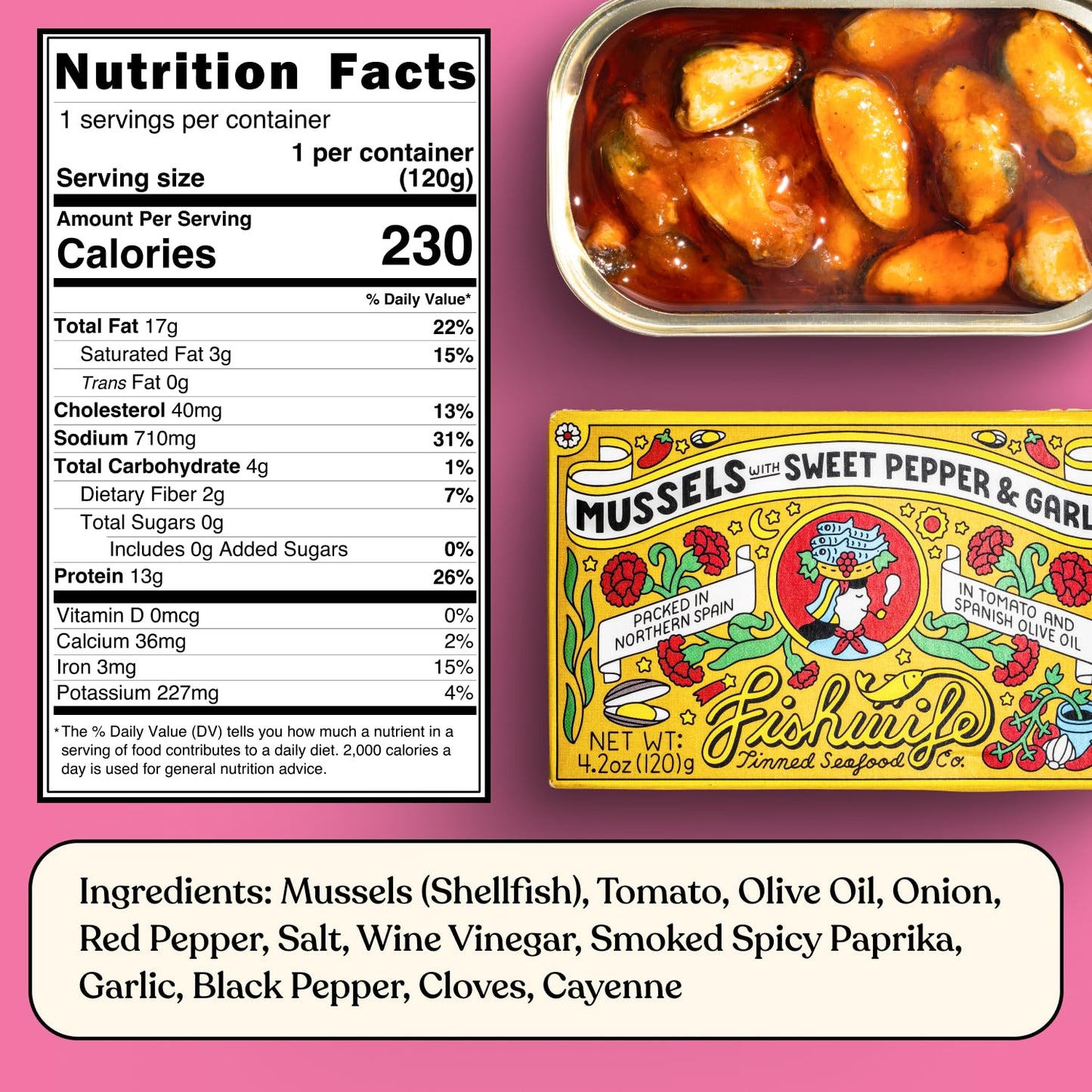 Fishwife Mussels with Sweet Pepper & Garlic, 3-Pack, 4.2 Ounce, ASC-Certified Sustainable Seafood, Gluten Free, High Protein