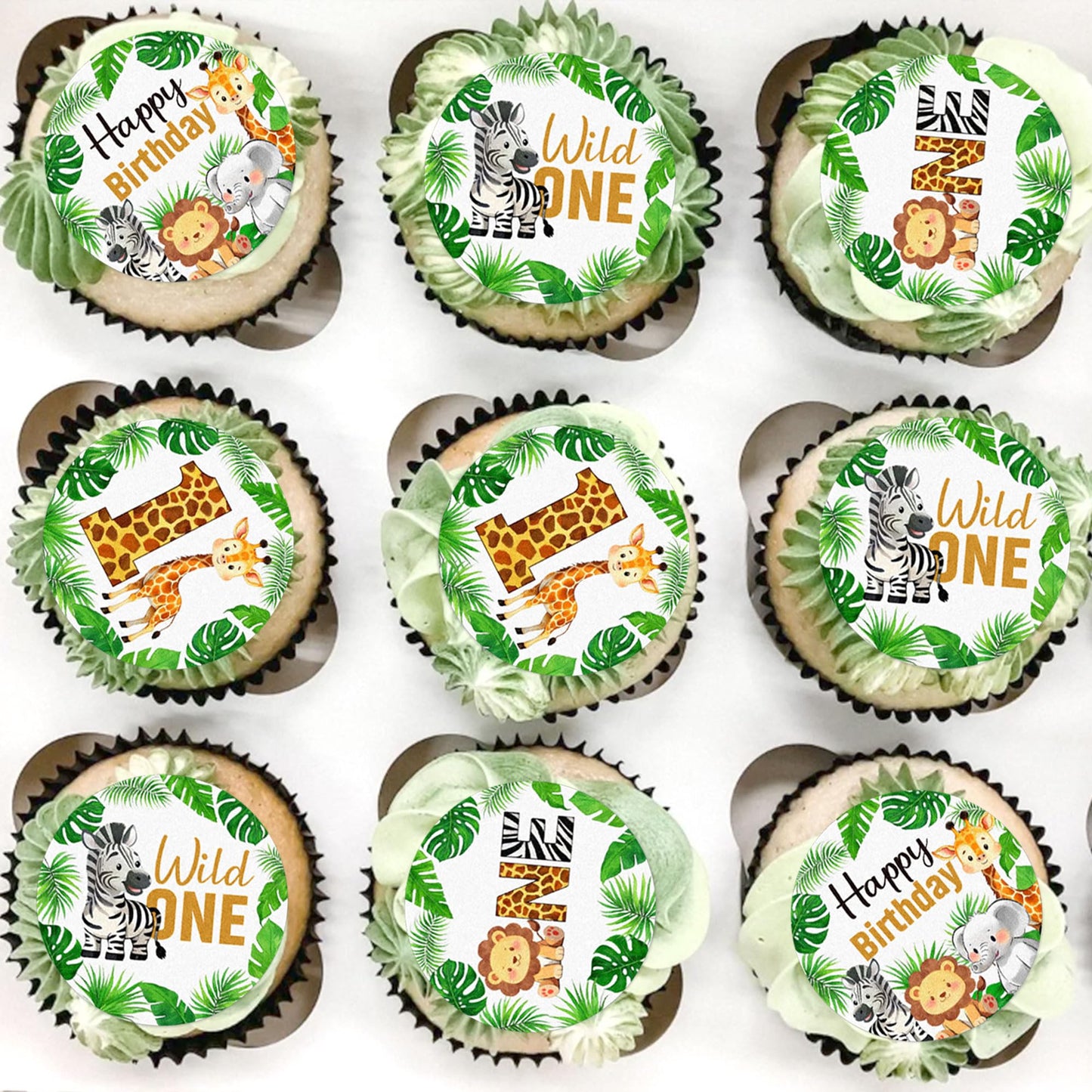 48 PCS Wild One Cupcake Toppers Wafer Paper Animal 1st Birthday Decorations Cupcake Toppers for Jungle Safari Animal Theme Baby 