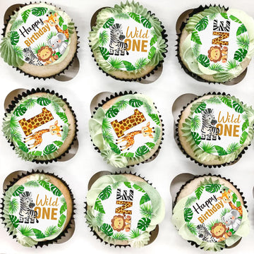 48 PCS Wild One Cupcake Toppers Wafer Paper Animal 1st Birthday Decorations Cupcake Toppers for Jungle Safari Animal Theme Baby 