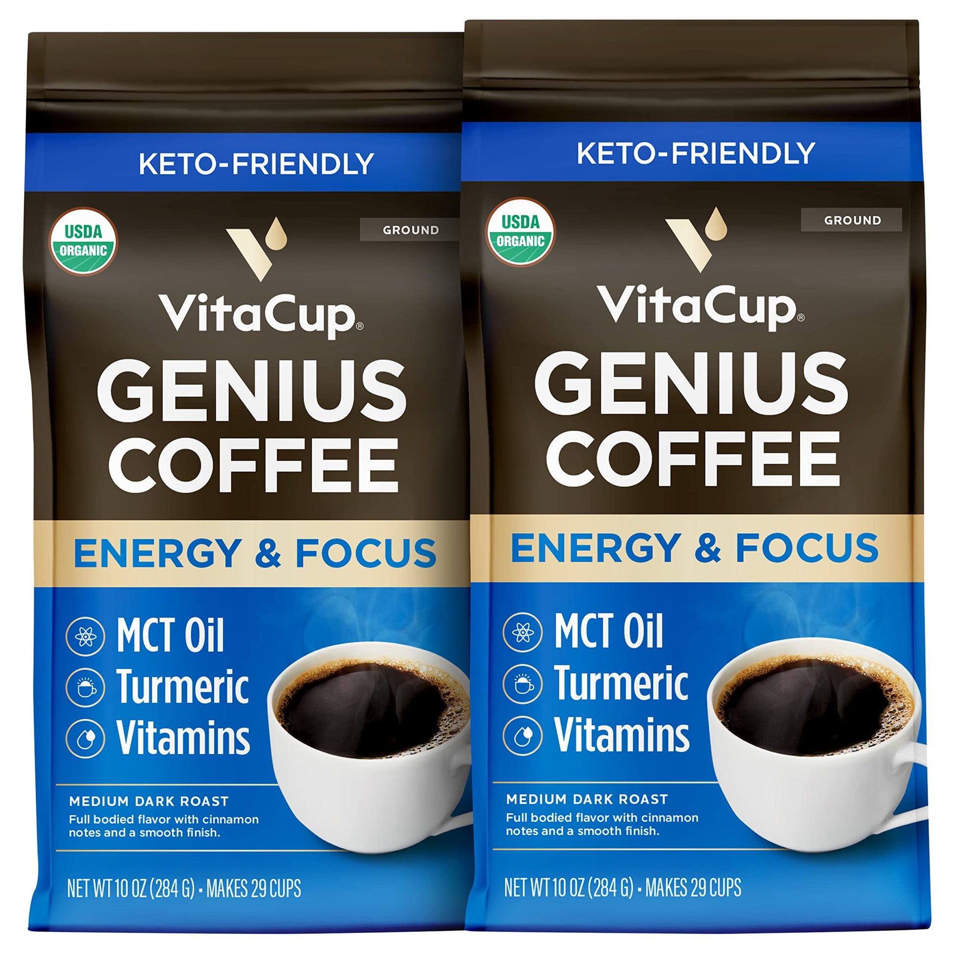 VitaCup Organic Keto Coffee, Medium Dark Roast, 10 oz (Pack of 2), 100% Arabica, with MCT Oil, Turmeric, B Vitamins, D3