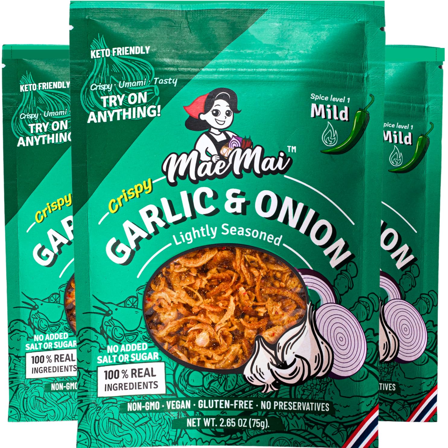 MaeMai Chili Crisp - MILD Spice, Premium Onion & Garlic Flakes, 9.52 oz (3-PACK), Keto, Vegan, Gluten-Free Seasoning