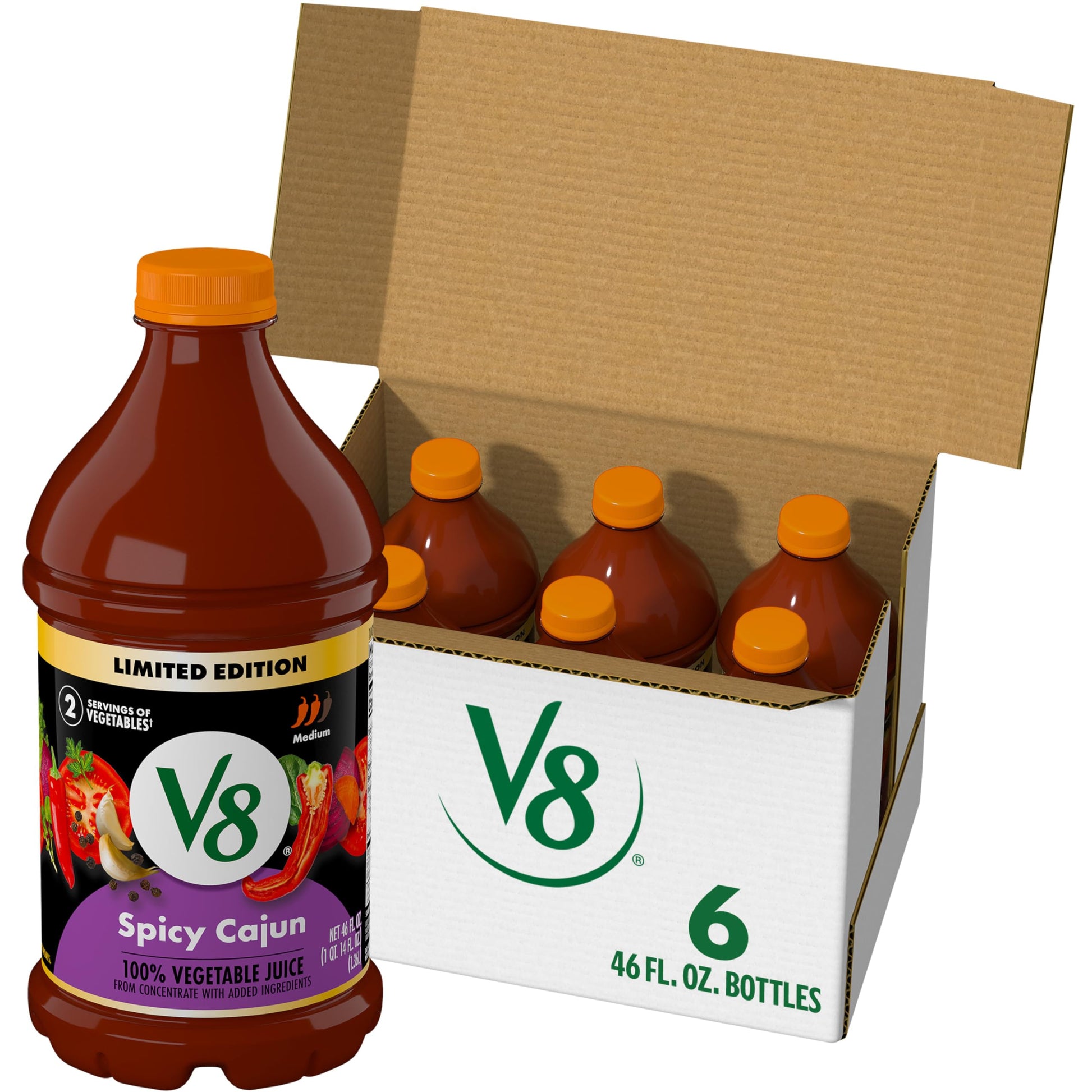 V8 Spicy Cajun 100% Vegetable Juice, 46 fl oz Bottle (6 Pack)