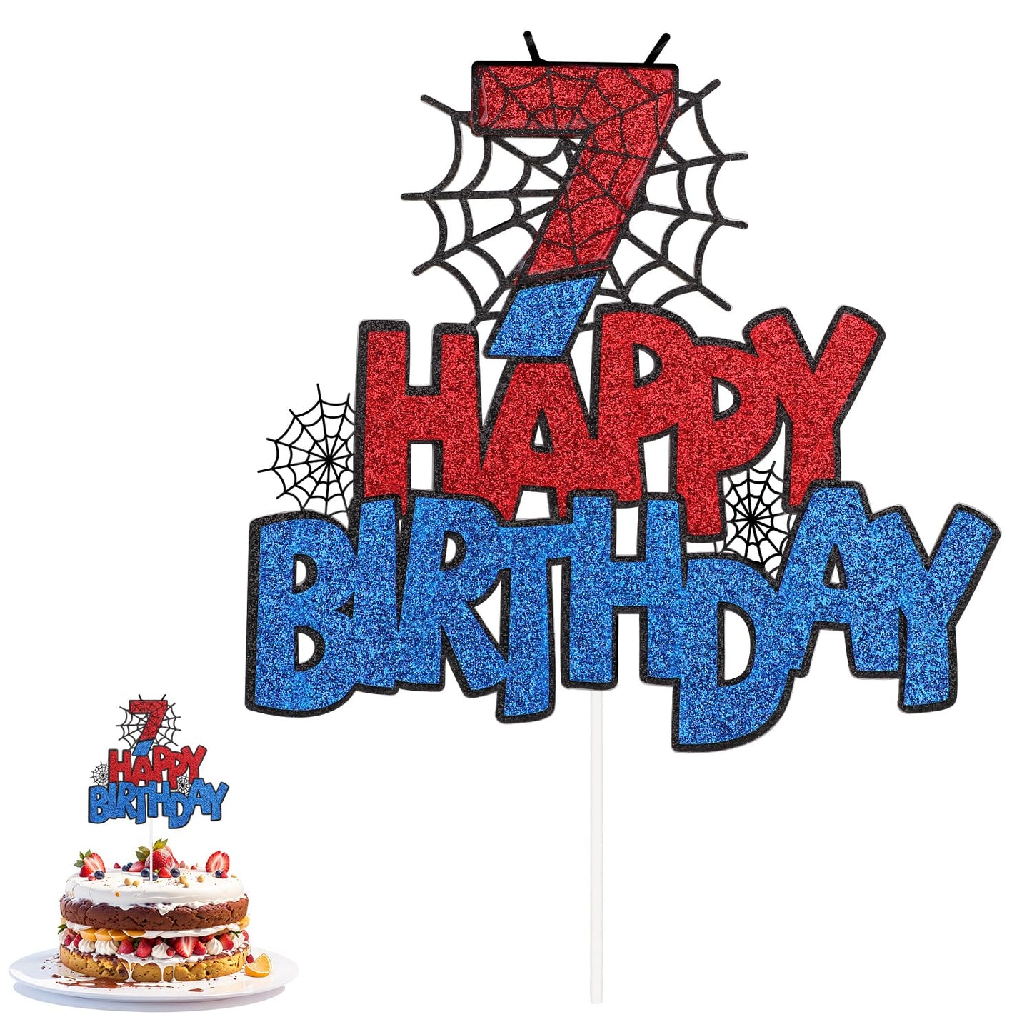 XIHIRCD Spider Birthday Cake Topper Double-Sided Number 7 Black Blue Red Decor