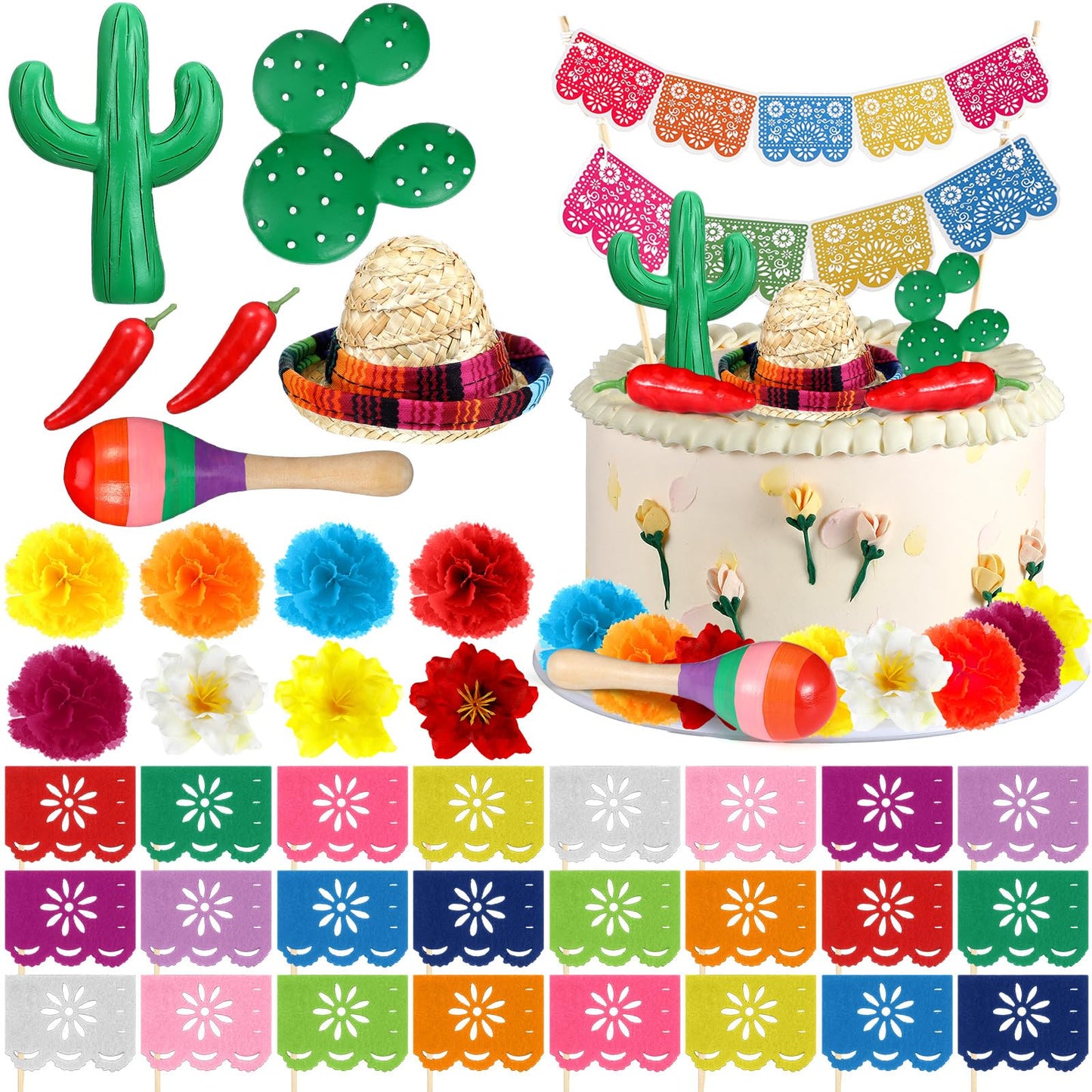 CroBlissful Mexican Fiesta Cake Topper - 39 Pcs Papel Picado Flags & Flower Decor, Red/Green/White