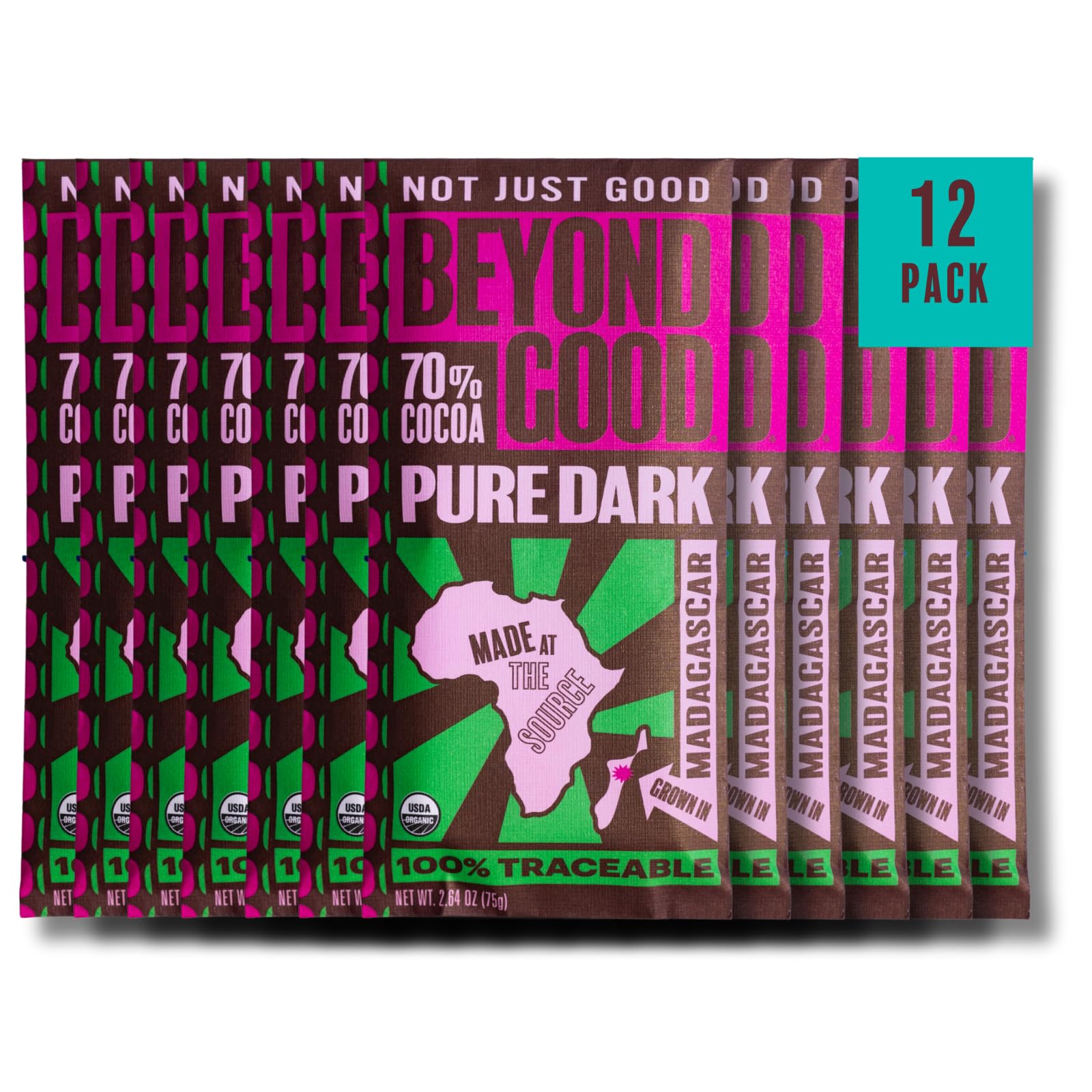 Beyond Good 70% Cocoa Pure Dark Chocolate | 12 Pack - Chocolate Bars | Organic  Direct Trade  Vegan  Kosher  Non-Gmo | Single Oriflavor Blend Heirloom Madagascar Dark Chocolate