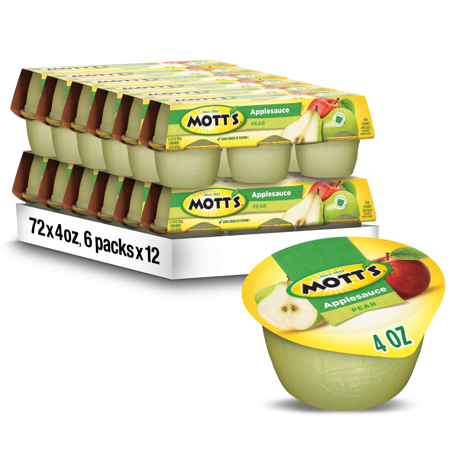 Mott'S Pear Applesauce, 4 Oz Cups, 72 Count (12 Packs Of 6), No Artificial Flavors, Good Source Of Vitamin C, Nutritious Option 