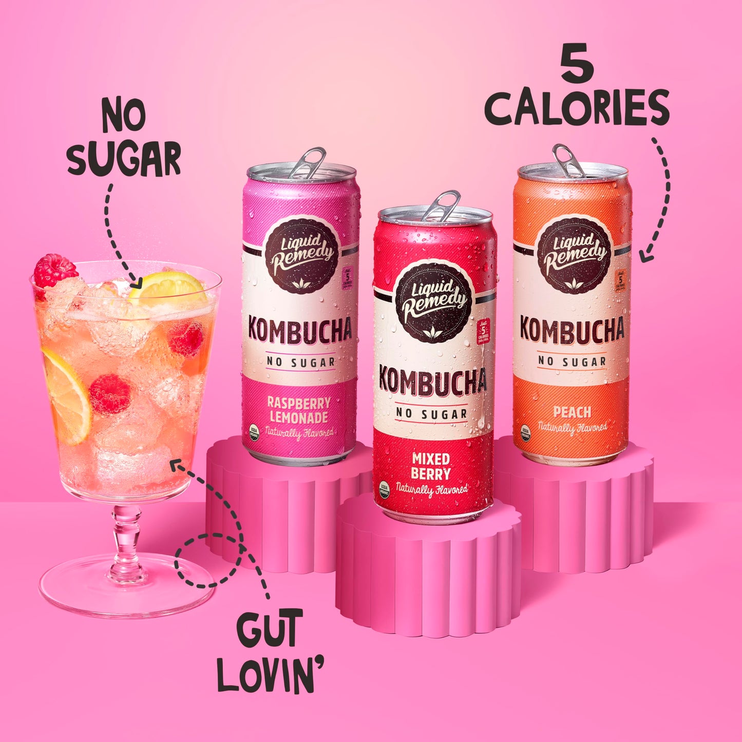 Liquid Remedy Kombucha Sugar Free Organic Drink, Low Calorie, Probiotic Like Tea For Gut Health - Fruity Faves Variety Pack - 8.