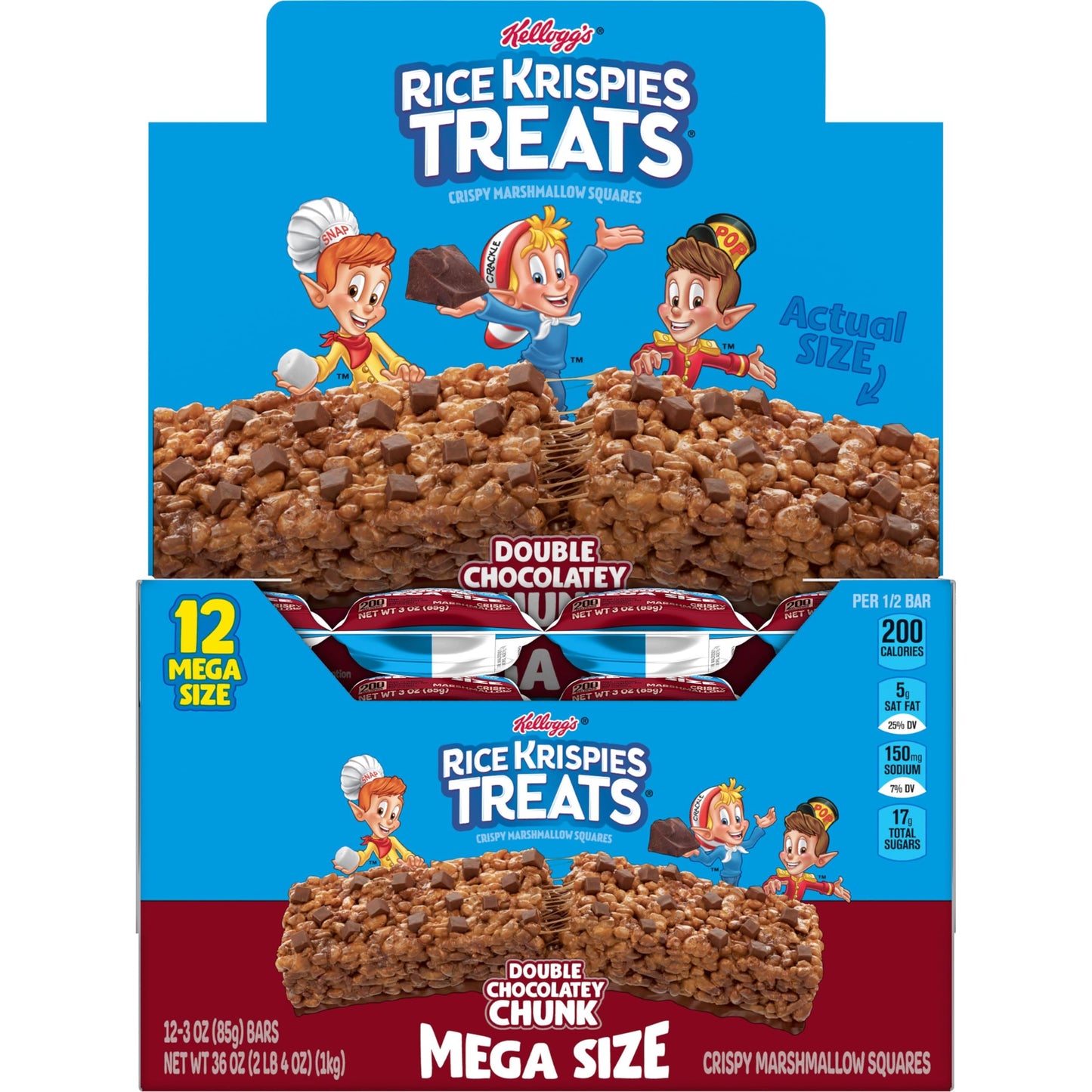 Rice Krispies Treats Mega Bars Large Marshmallow Snack Bars, Kids Snacks, Big Bars, Double Chocolatey Chunk, 36Oz Box (12 Bars)