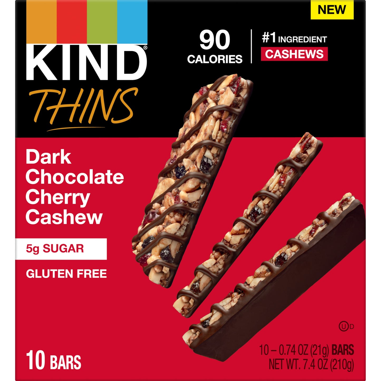Kind Thins Dark Chocolate Cherry Chashew Bars, Gluten Free, 5G Sugar, 0.74 Oz Bars, 10 Count