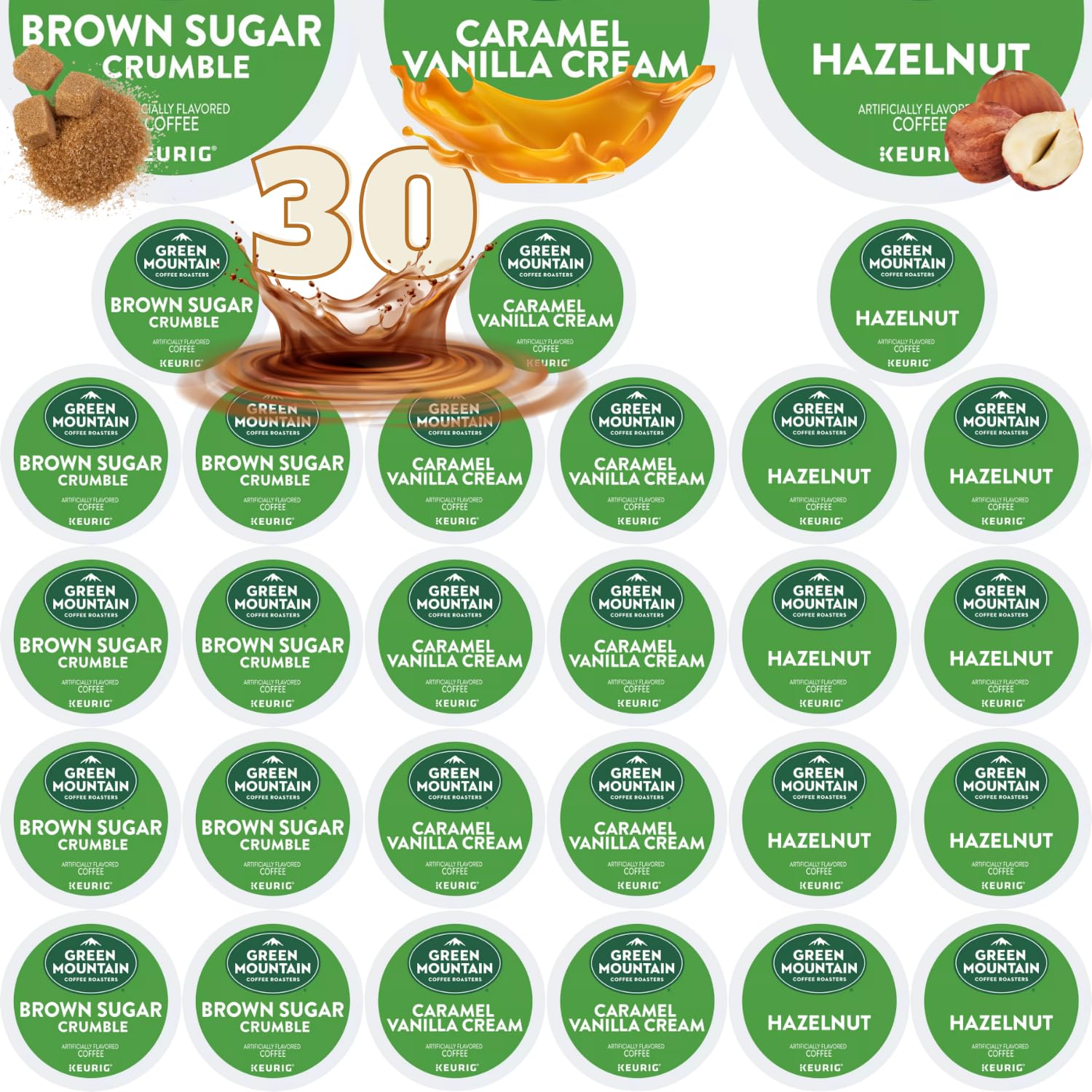 Custom Variety Pack 30-count K-Cup Pods for Keurig - Caramel Vanilla Cream, Hazelnut, Brown Sugar Crumble