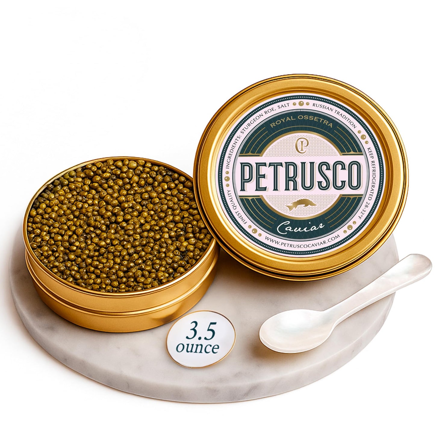 Petrusco Royal Ossetra - Top-Grade Black Caviar - Fresh Gourmet Sturgeon Fish Roe In A Sealed Metal Tin 100G (3.5Oz) - Rich  Buttery Flavor  Sustainably Sourced And Perfect For Fine Dining