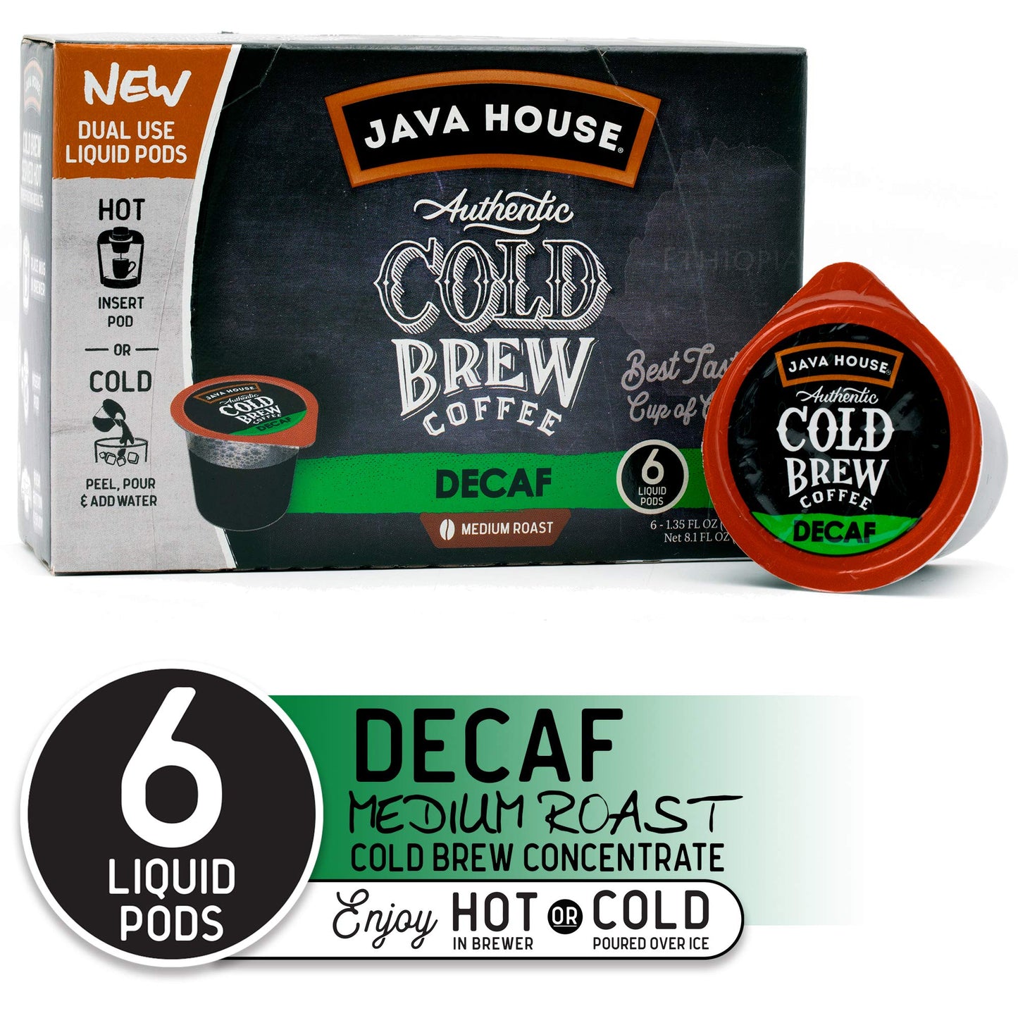 Java House Authentic Cold Brew Coffee, Decaf, K-Cup Coffee Pods, Medium Roast (6 Count)