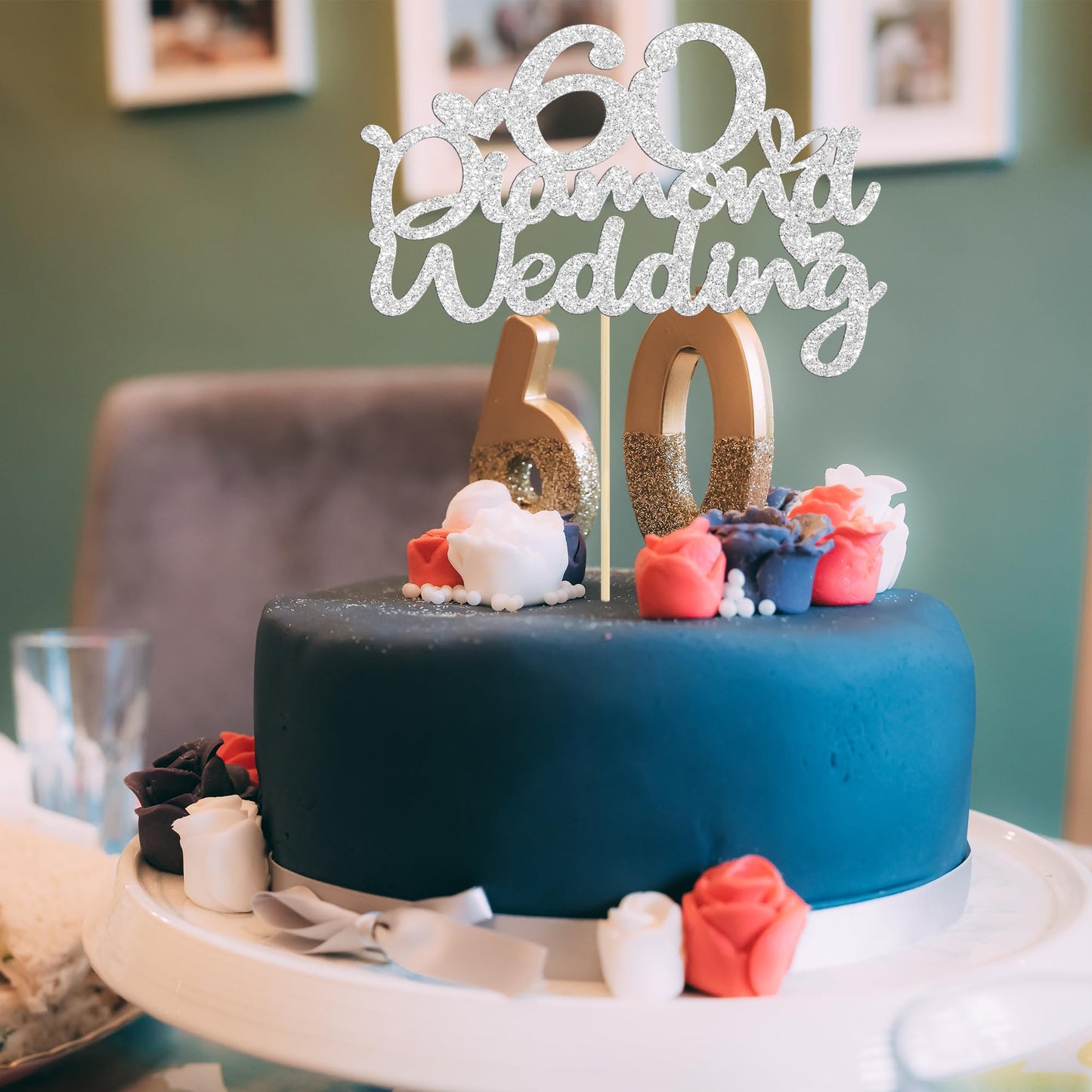 Gyufise 1Pcs 60Th Wedding Anniversary Cake Toppers With Heart Silver Glitter 60Th Diamond Wedding Anniversary Heart Cake Decorat