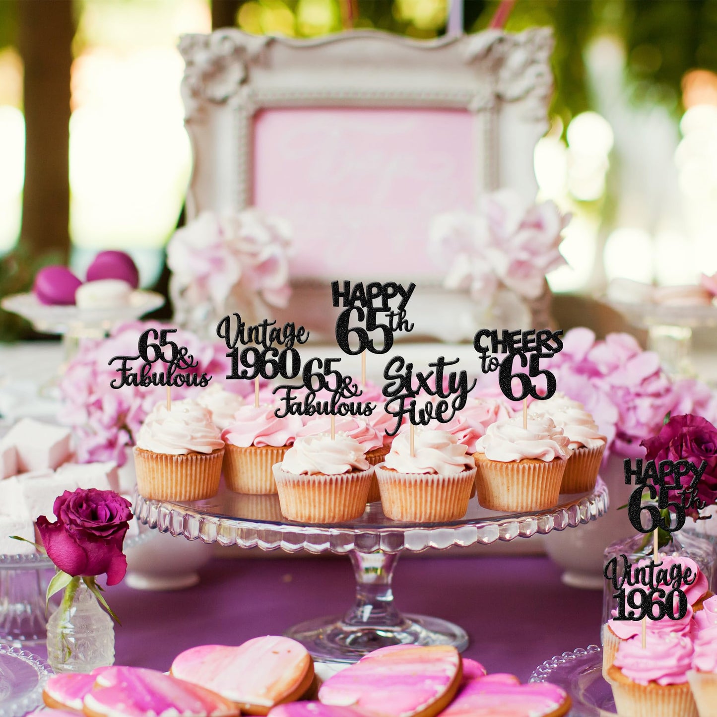 30Pcs Happy 65Th Birthday Cupcake Toppers Glitter Sixty Five Vintage 1958 Cupcake Picks 65 Fabulous Cheers To 65 Years Cake Deco