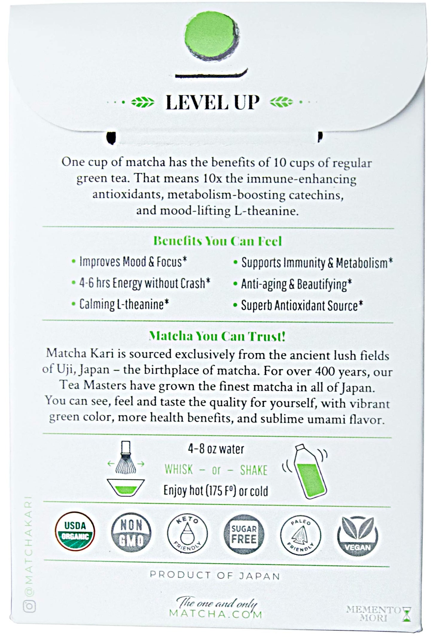 Matcha Kari Ceremonial Organic Matcha Green Tea Single Serving Sticks, 12 Count Pack, Green