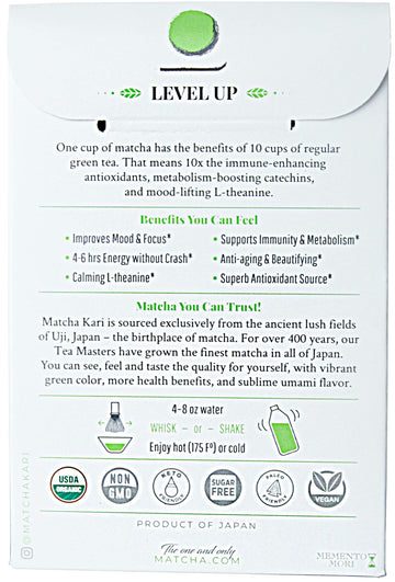 Matcha Kari Ceremonial Organic Matcha Green Tea Single Serving Sticks, 12 Count Pack, Green