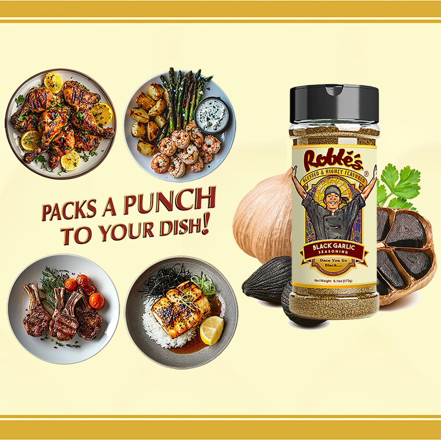 Blessed and Highly Flavored Black Garlic Seasoning, Gluten-Free, Low Sodium, 6.1 Ounce, Natural Spice Blend for Grilling and Cooking