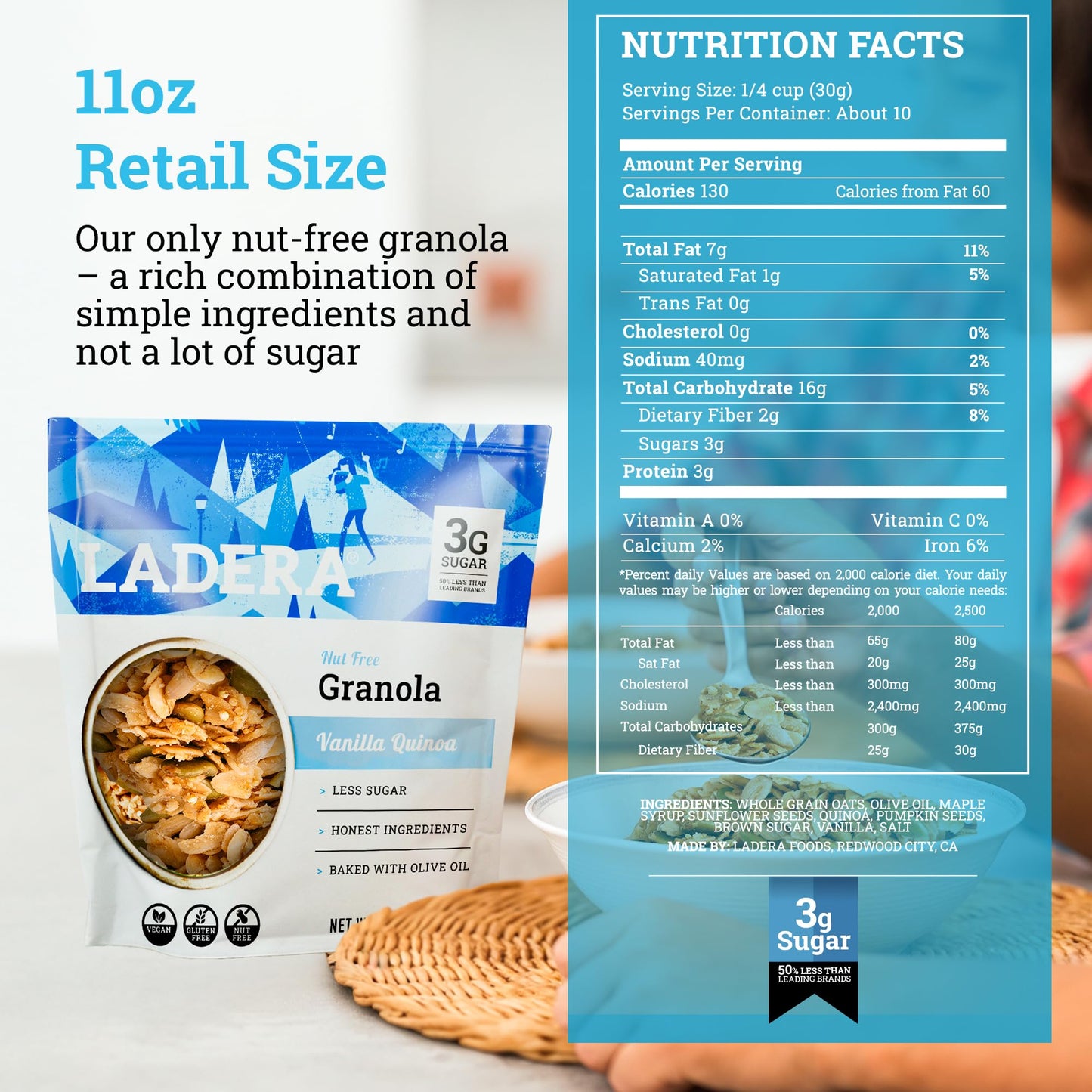Ladera Foods Vanilla Quinoa Granola - Low Sugar, Gluten Free, Vegan - 11 oz