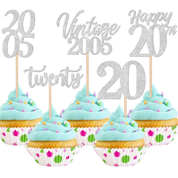30PCS Happy 20th Birthday Cupcake Toppers Cheers to 20 Vintage 2005 Cupcake Picks Hello 20 Twenty 20th Birthday Decorations for 