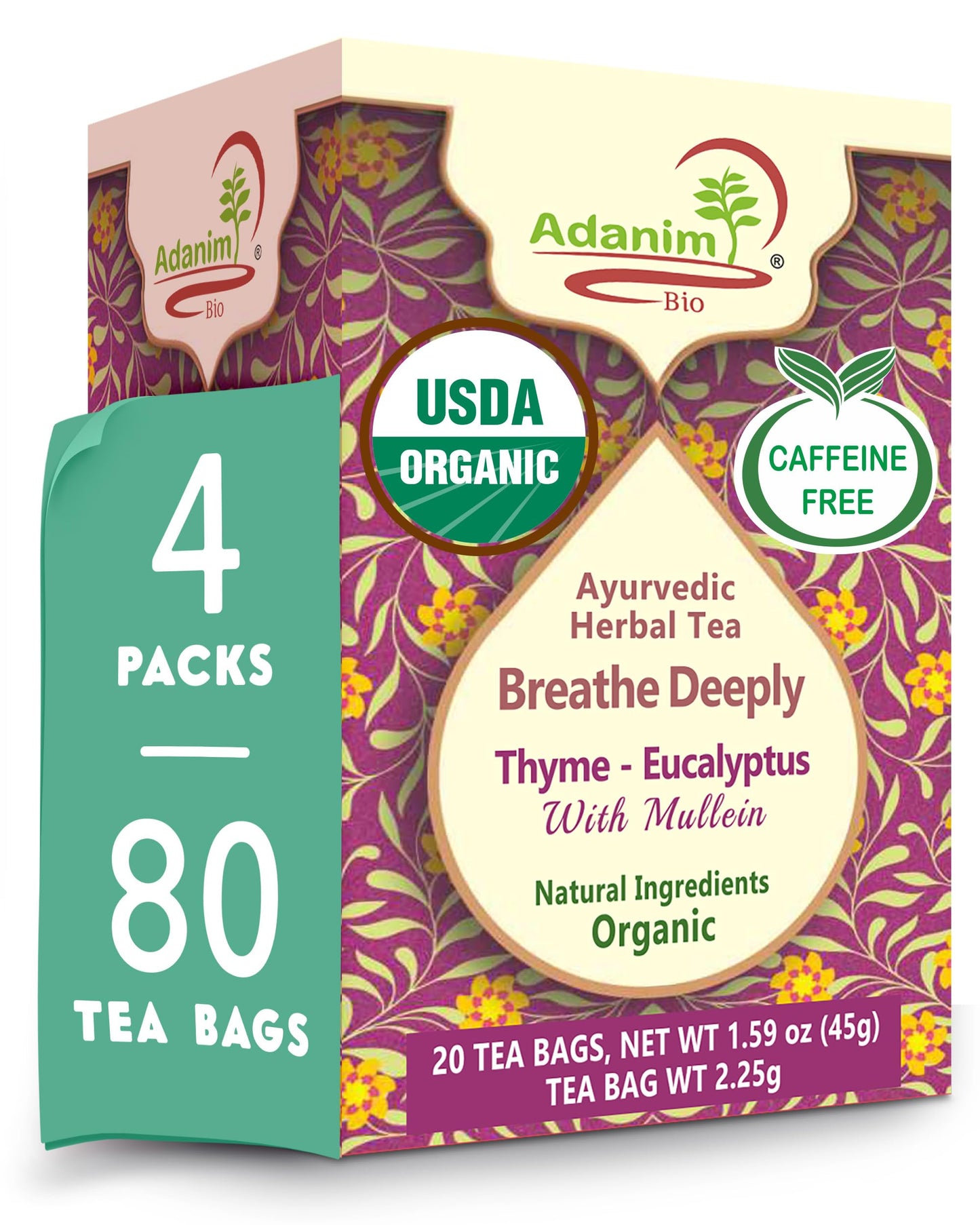 ADANIM BIO Herbal Tea Breathe Deeply Thyme Eucalyptus Mullein, USDA Organic, Caffeine-Free, 20 Teabags