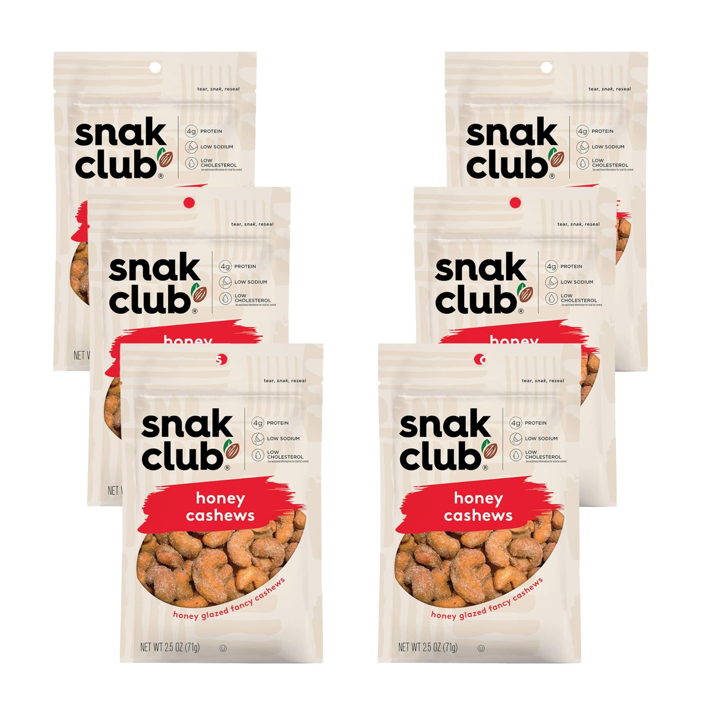 Snak Club Honey Cashews, Honey Glazed Nuts, Kosher Snack, 2.5 oz Bags, 6 Pack
