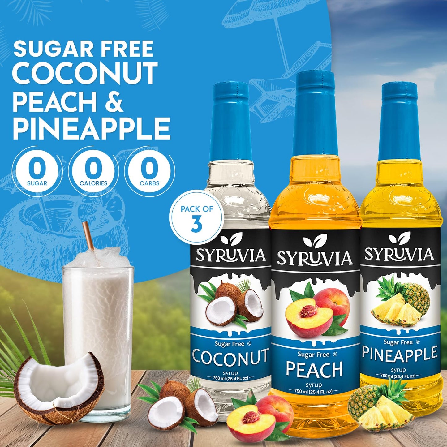 Syruvia Sugar Free Coconut, Peach And Pineapple Syrup Fruit Mix Favorites Variety Pack - 25.4 Oz - Perfect For Cocktails, Desser