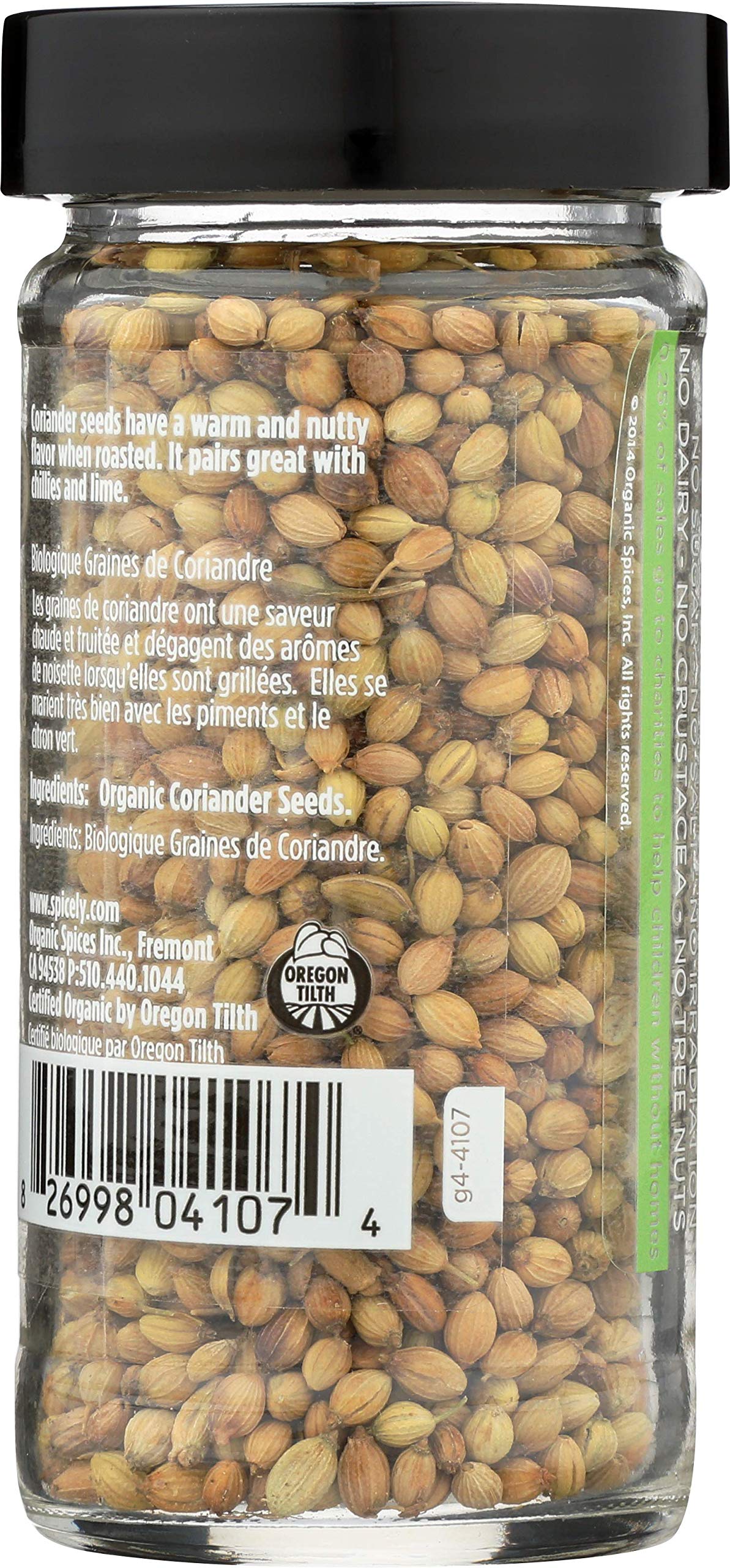 Spicely Organic Coriander Seeds Whole 0.70 Ounce Jar Certified Gluten Free
