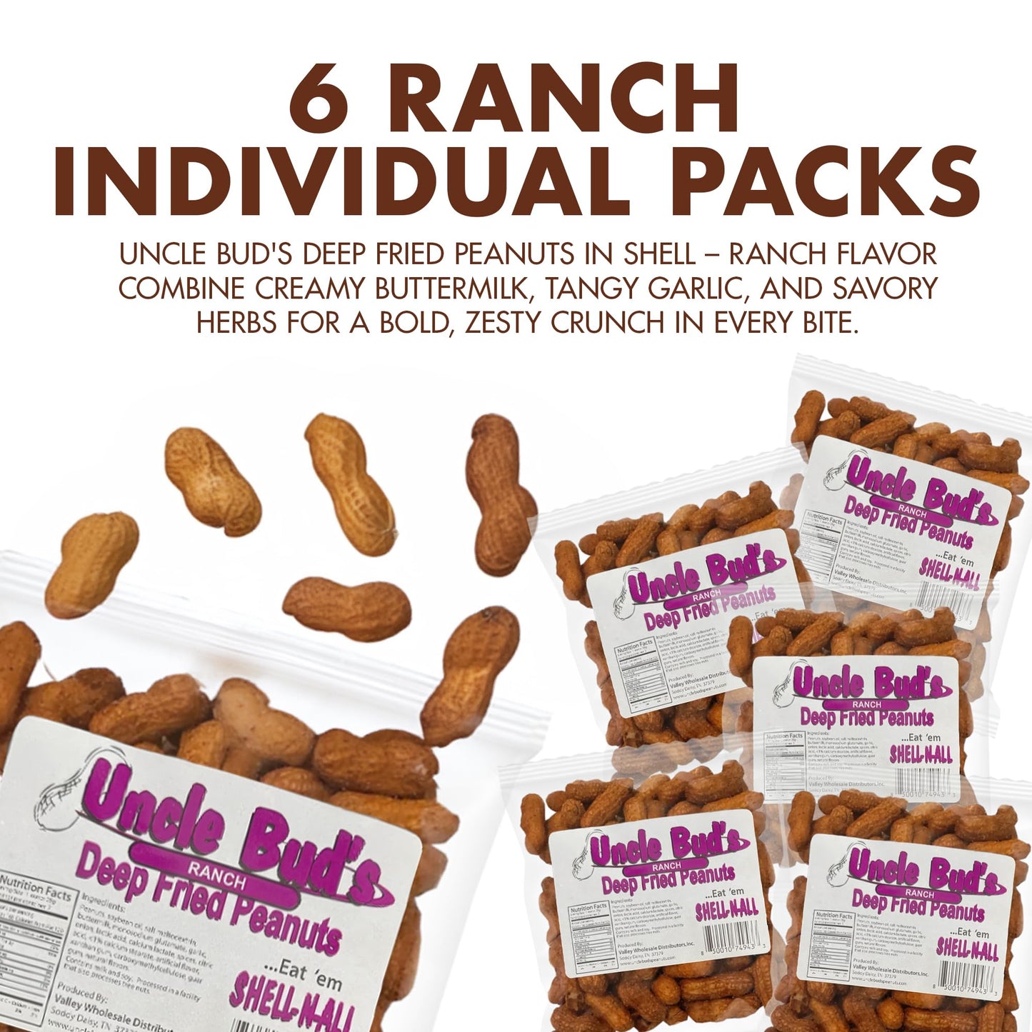 Jerky-n-Spice Uncle Buds Ranch Deep Fried Peanuts - 6-Pack, Premium Ranch Flavor, High-Protein Snack, USA Made