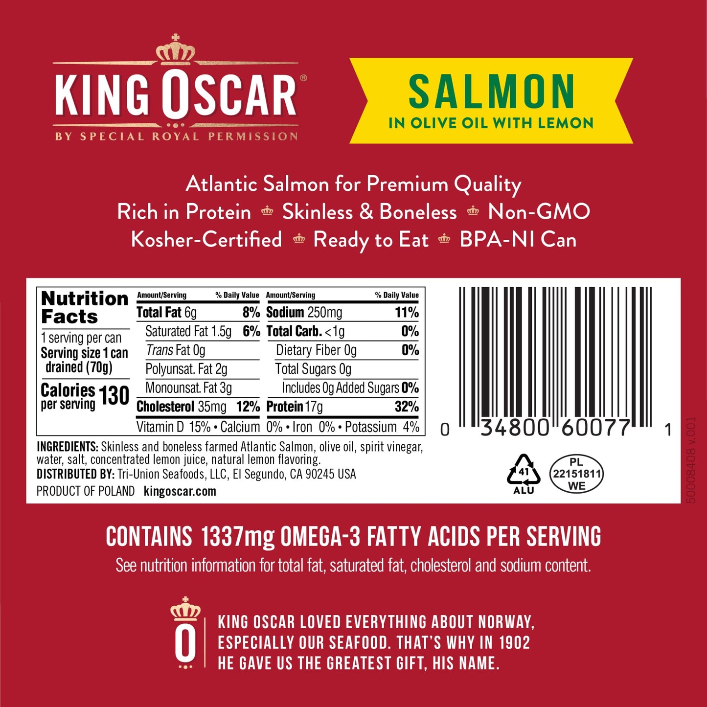 King Oscar Premium Salmon In Olive Oil With Lemon, 4.05-Ounce Cans (Pack Of 12, Packaging May Vary), Skinless & Boneless Salmon