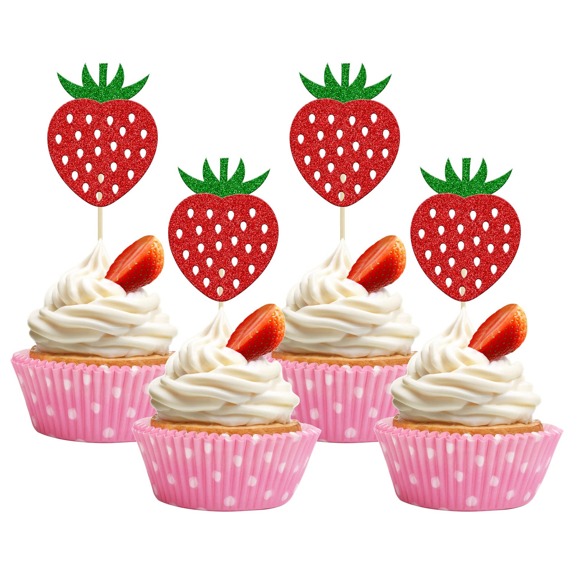 24Pcs Strawberry Cupcake Toppers Red Glitter Fruit Theme Strawberry Cupcake Pick Decorations For Summer Sweet Fruit Baby Shower