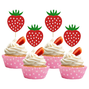 24Pcs Strawberry Cupcake Toppers Red Glitter Fruit Theme Strawberry Cupcake Pick Decorations For Summer Sweet Fruit Baby Shower