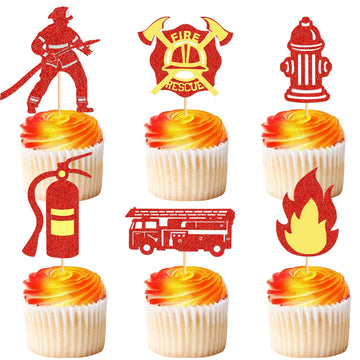 Ercadio 24 Pack Fireman Cupcake Toppers Red Glitter Fire Department Cake Topper Fireman Cupcake Picks For Fire Theme Baby Shower